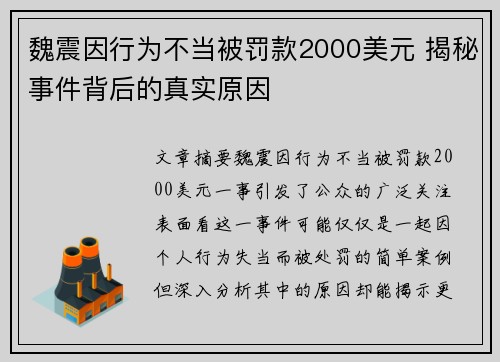 魏震因行为不当被罚款2000美元 揭秘事件背后的真实原因